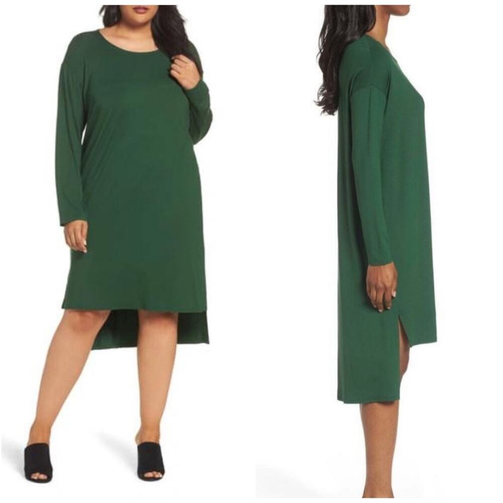 EILEEN FISHER High Low Jersey Shift Dress Green Long Sleeve | Small
